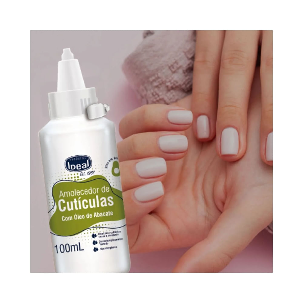 Amolecedor de Cutículas Ideal com Óleo de Abacate 100ml em destaque mostrando o rótulo.